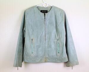 Terry Lewis Suede Jacket Womens Sz Medium Light Green Snake Print Cropped Moto